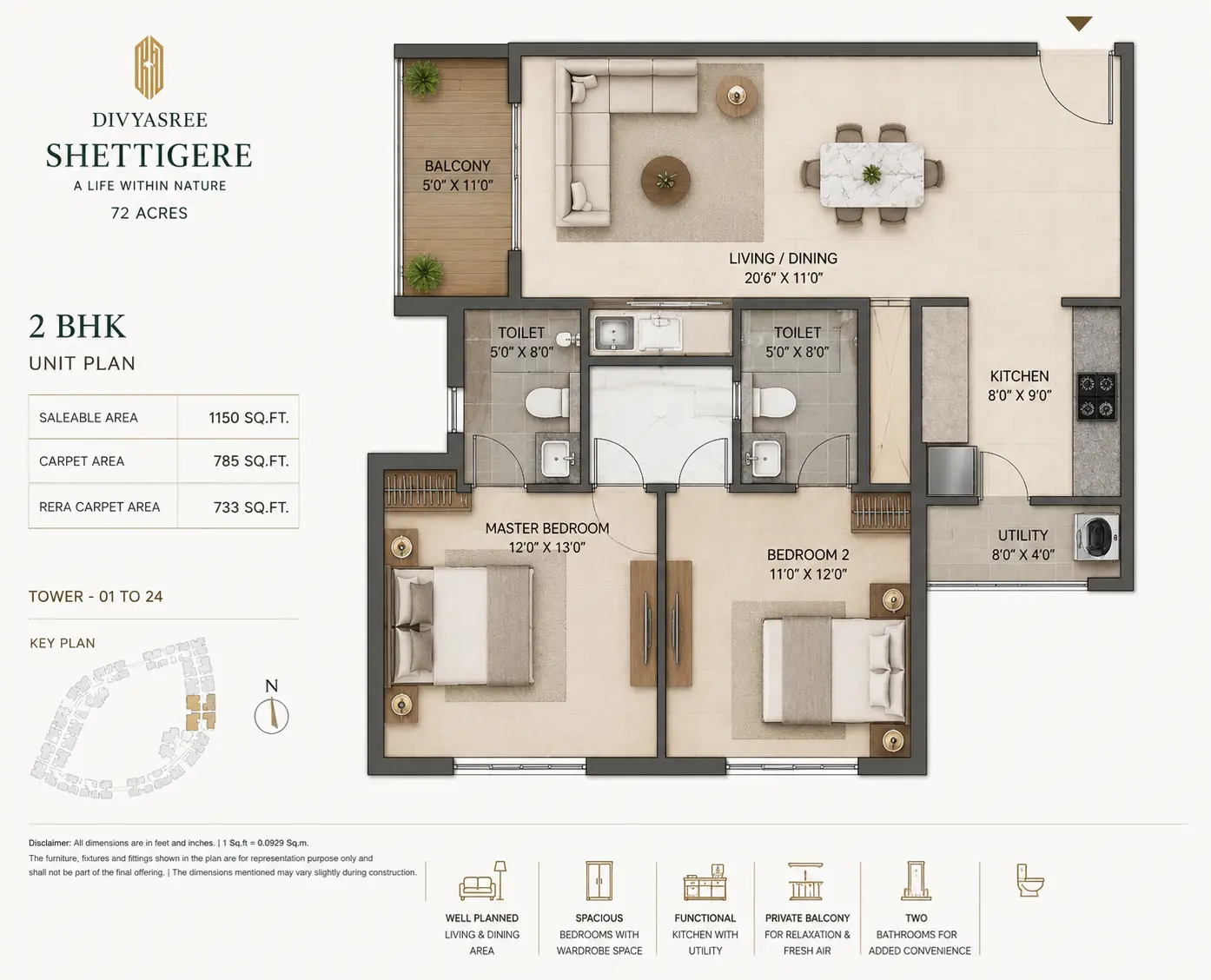 Divyasree Shettigere 2 BHK Luxe floor plan — 1250 sqft layout with 2 bedrooms 2 bathrooms Airport Road Bangalore