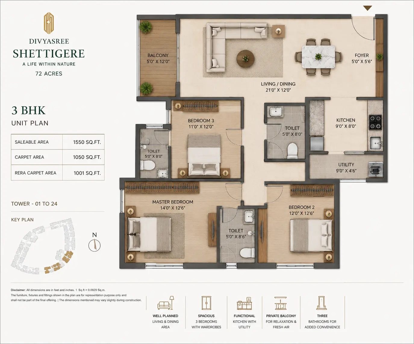 Divyasree Shettigere 3 BHK floor plan — 1610 to 1860 sqft layout with 3 bedrooms 3 bathrooms Airport Road Bangalore