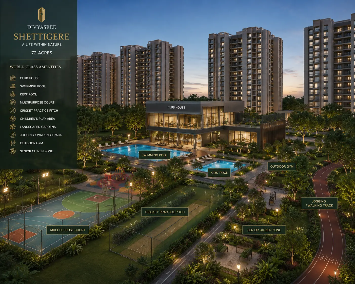Divyasree Shettigere expected clubhouse, swimming pool, gymnasium and lifestyle amenities — Airport Road Bangalore 2026