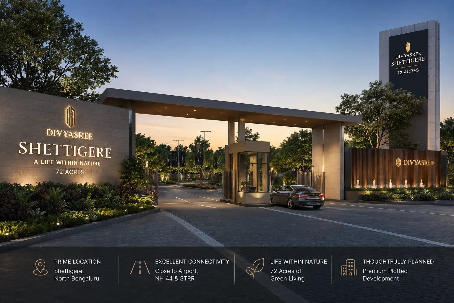 Divyasree Shettigere Bangalore 2026 — premium residential township elevation on Airport Road, North Bangalore