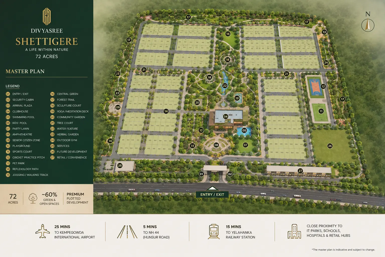 Divyasree Shettigere master plan — 72 acres site layout, 31 blocks, Airport Road Bangalore 2026